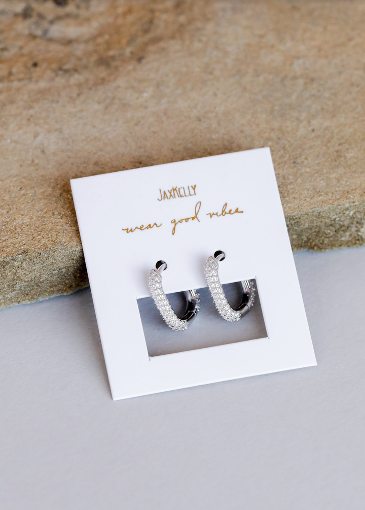 Earrings-Silver Hoop Pave White CZ