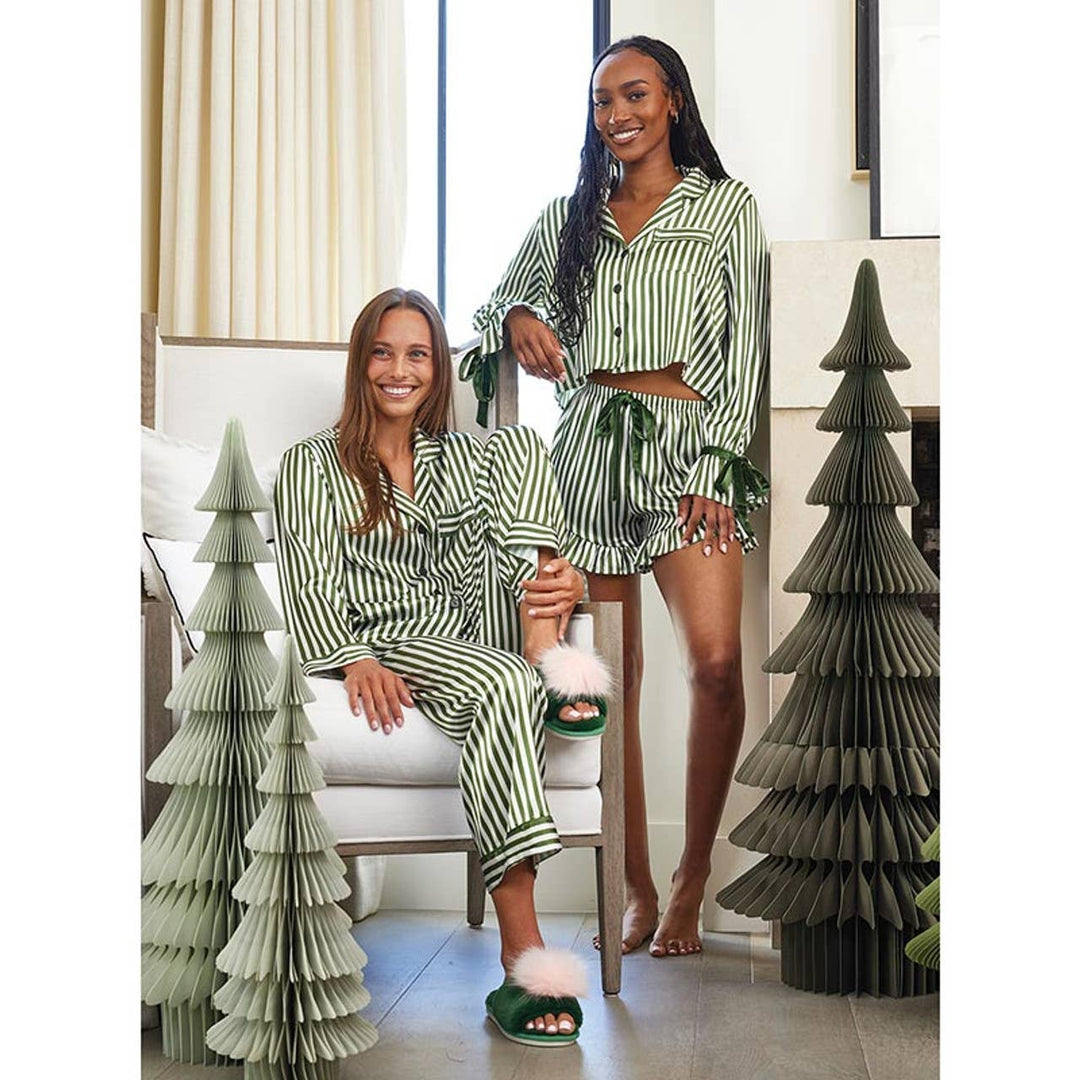 NEW Plush Slippers - Green + Blush Pom Pom