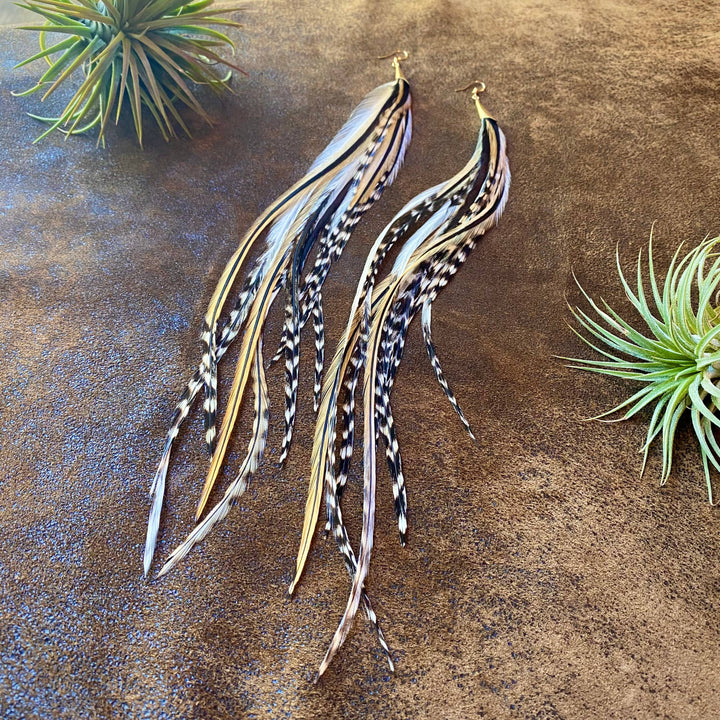 Earrings-FREEBIRDS COLLECTION: Cone Feather-Golden Black Grizzly