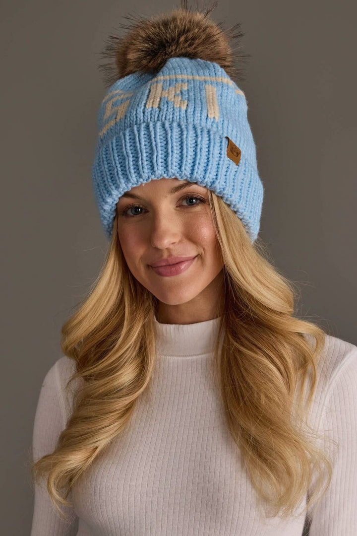 Pom Hat-Lt. Blue & Beige Ski