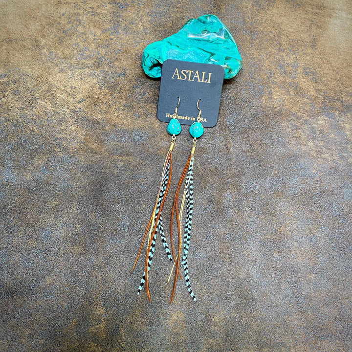 Astali Earrings-Turquoise & Mini Feather-Teal Grizzly & Fawn/Gold