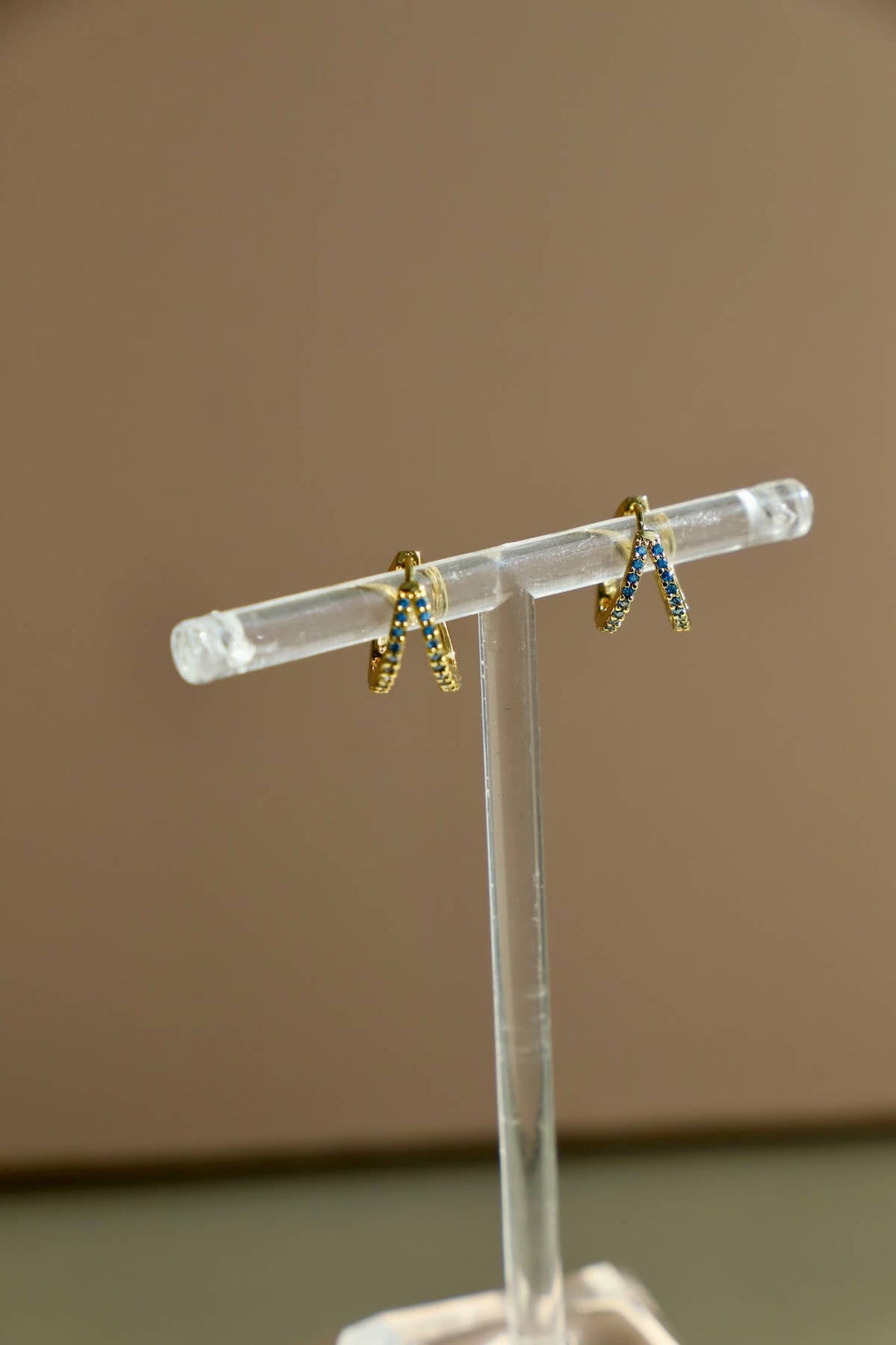 E1678BLG Gold Earrings-Double CZ Huggie Hoops Blue