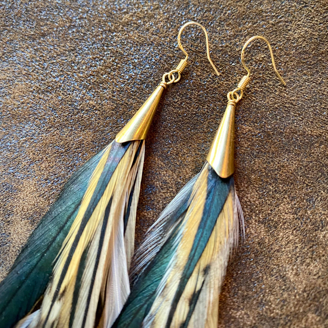 Earrings-FREEBIRDS COLLECTION: Cone Feather-Golden Black Grizzly