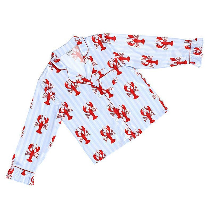 Long Set-Ruffled PJ Set with Velvet Tie - Blue Stripes + Lobsters