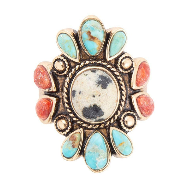 Ring-Dalmatian Jasper Multi Color Stone Golden