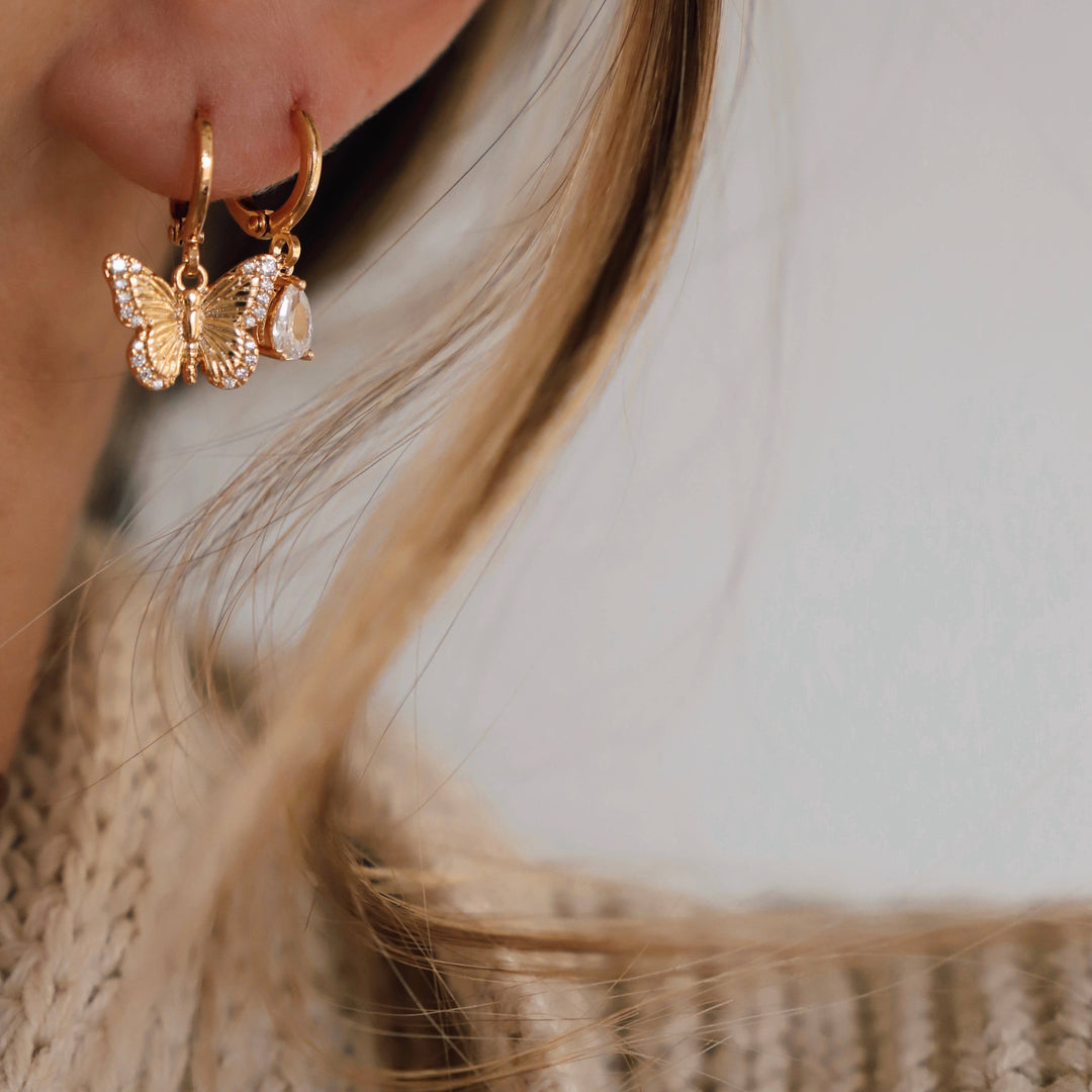 E1428G Gold Earrings-Butterfly Huggie Hoops