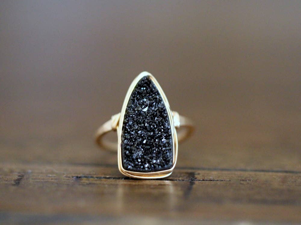 Ring-Druzy Triangle Black Bohemian Cocktail