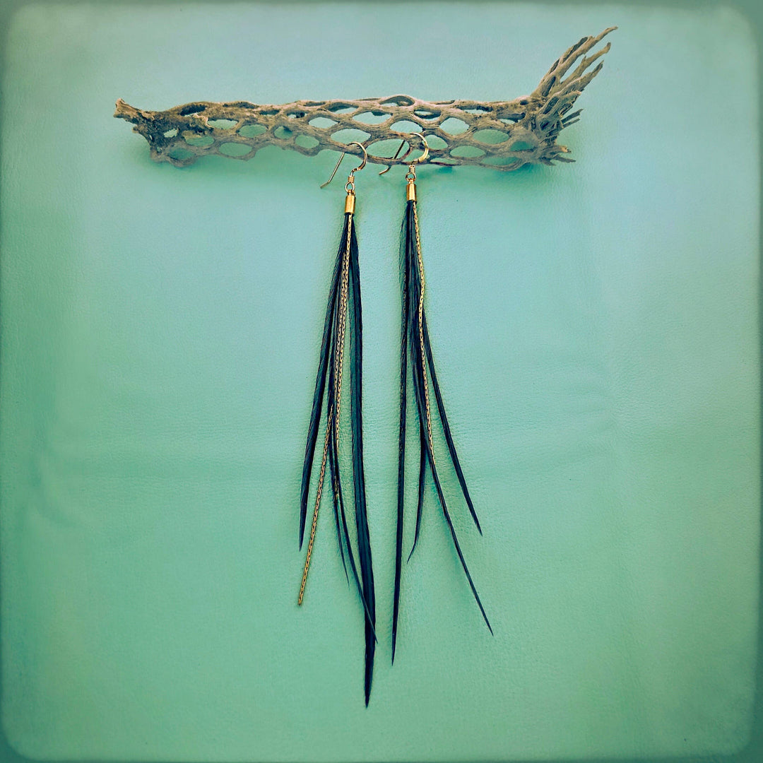 Earrings-Mini Feather-Black/Gold, Boho Western Earrings