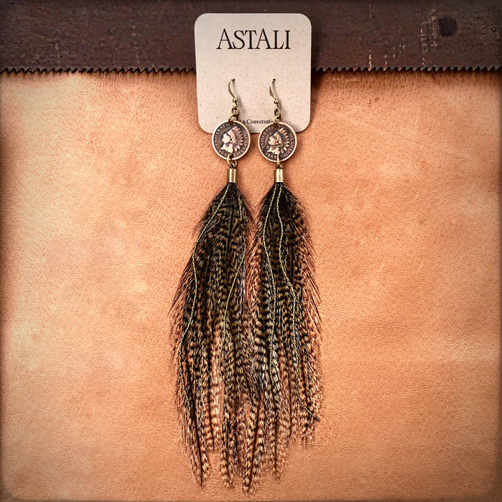 Earrings-Indian Cent & Long Feather-Coq de Leon, Western