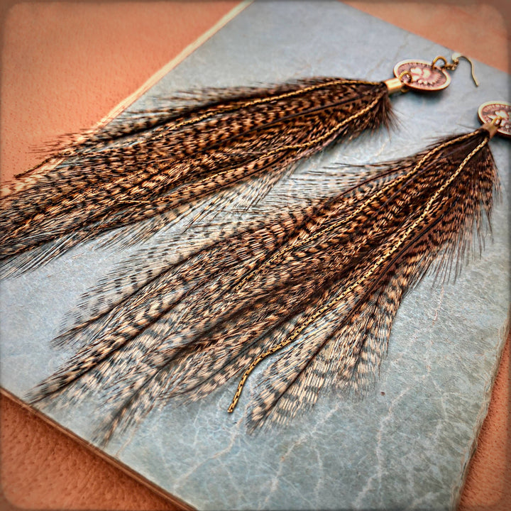 Earrings-Indian Cent & Long Feather-Coq de Leon, Western