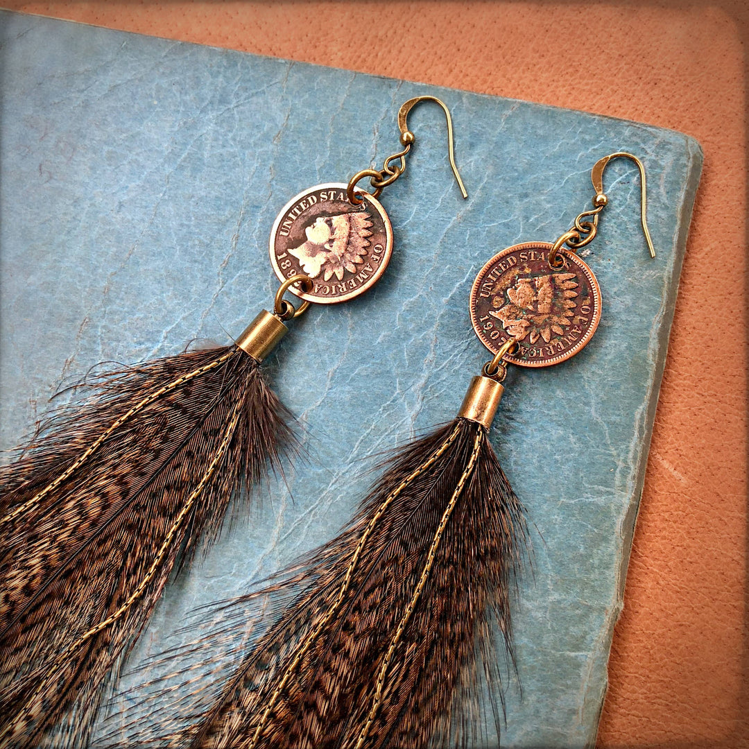 Earrings-Indian Cent & Long Feather-Coq de Leon, Western