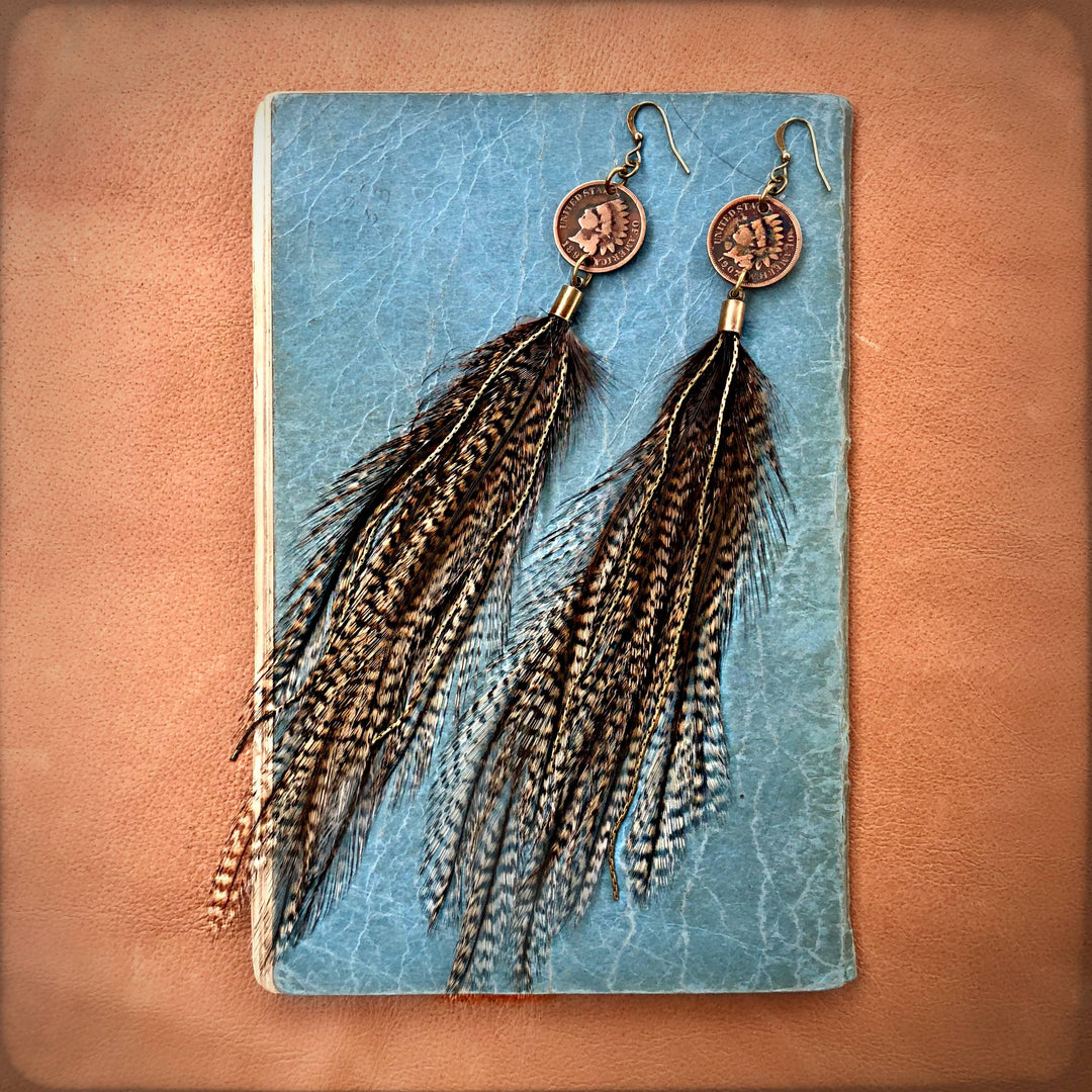 Earrings-Indian Cent & Long Feather-Coq de Leon, Western