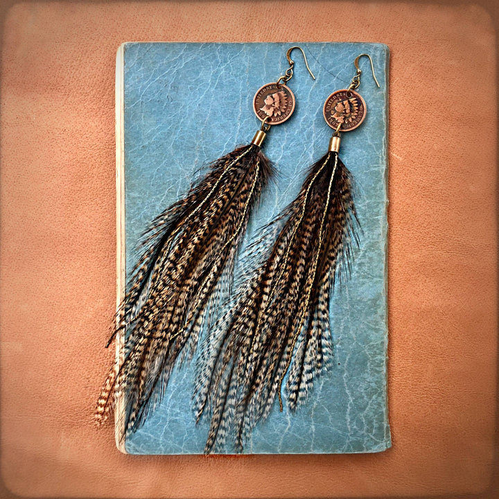 Earrings-Indian Cent & Long Feather-Coq de Leon, Western