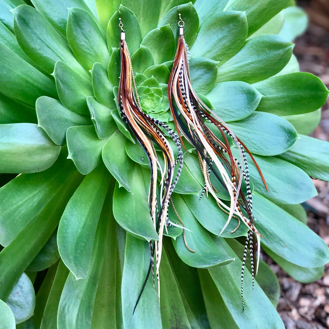 Earrings-FREEBIRDS COLLECTION: Extra Long Feather-Mixed Grizzly