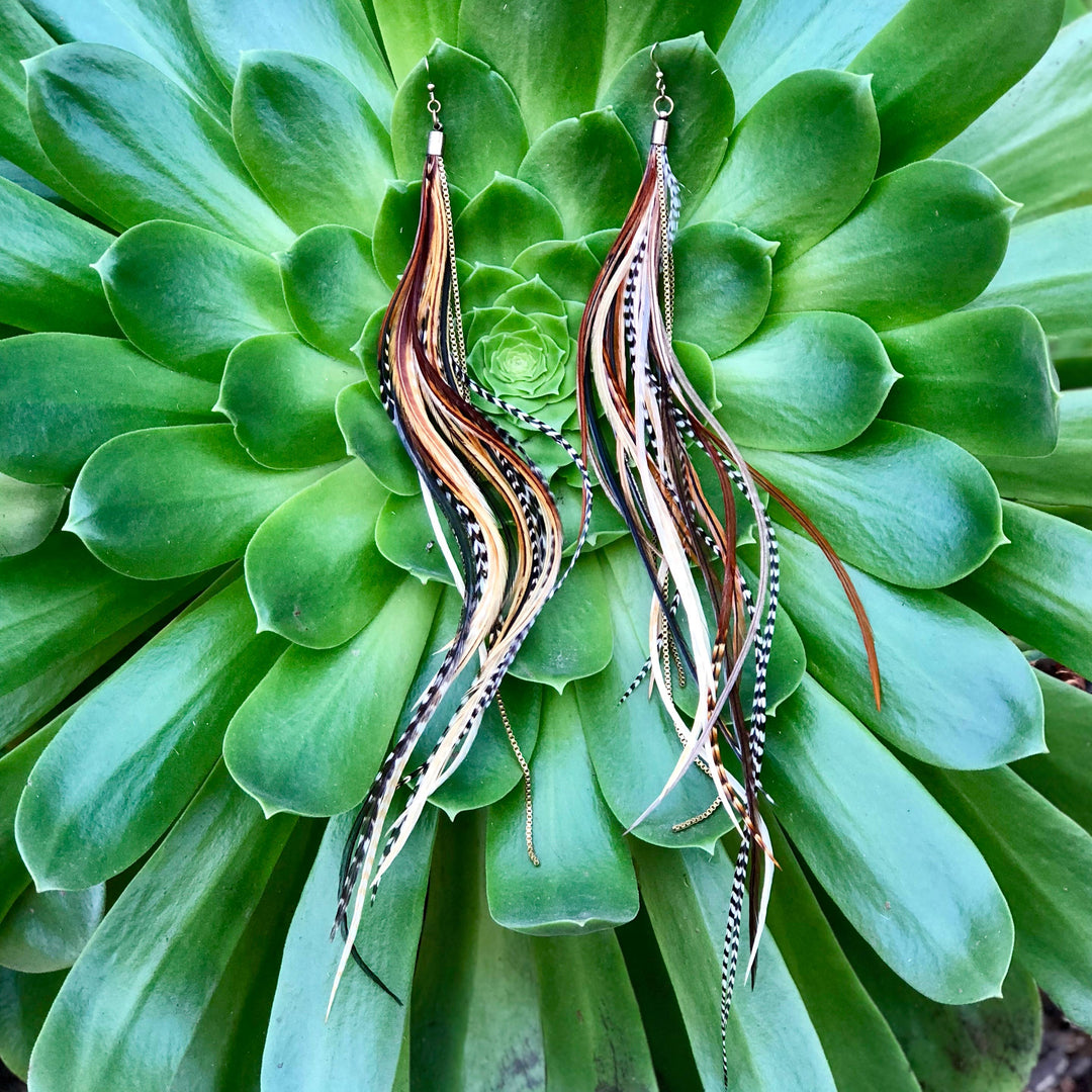Earrings-FREEBIRDS COLLECTION: Extra Long Feather-Mixed Grizzly
