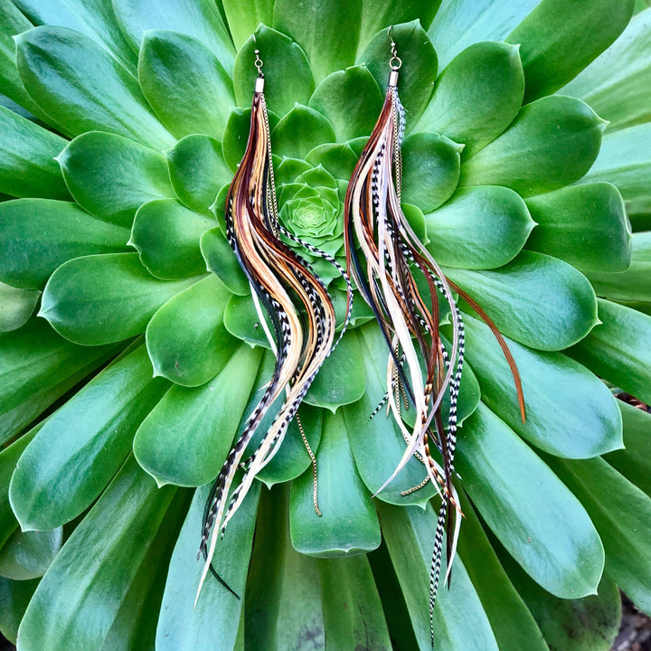 Earrings-FREEBIRDS COLLECTION: Extra Long Feather-Mixed Grizzly