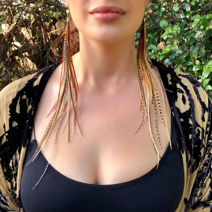 Earrings-FREEBIRDS COLLECTION: Extra Long Feather-Mixed Grizzly