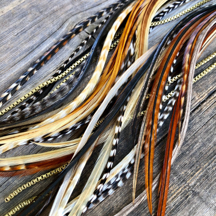 Earrings-FREEBIRDS COLLECTION: Extra Long Feather-Mixed Grizzly