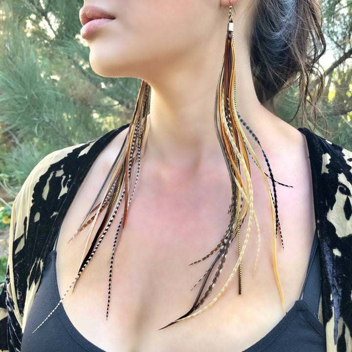 Earrings-FREEBIRDS COLLECTION: Extra Long Feather-Mixed Grizzly