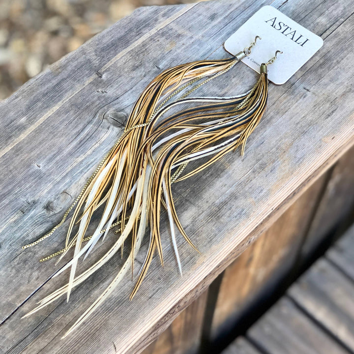 Earrings-Extra Long Feather-Golden Black, Boho Western