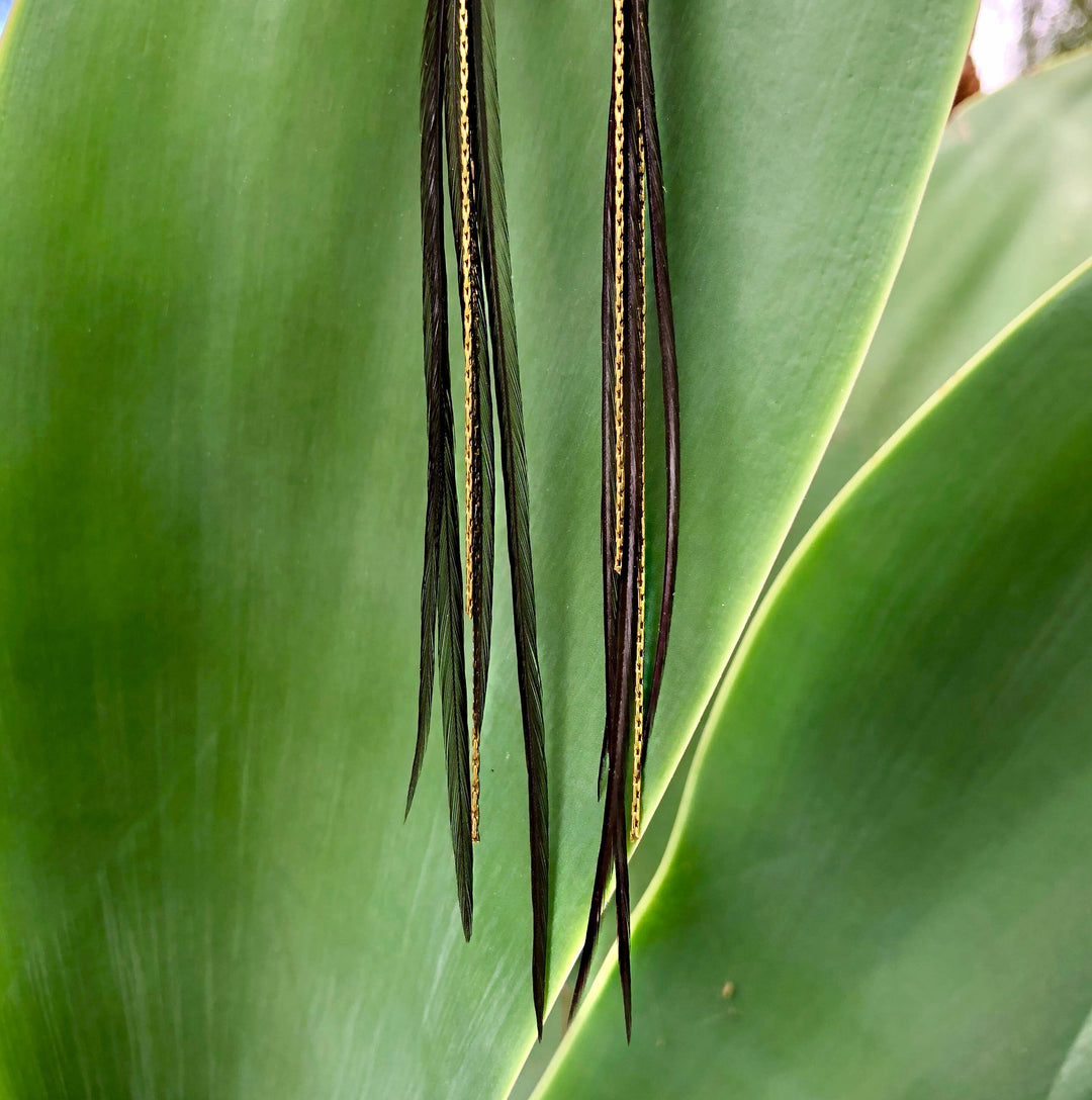 Earrings-Mini Feather-Black/Gold, Boho Western Earrings