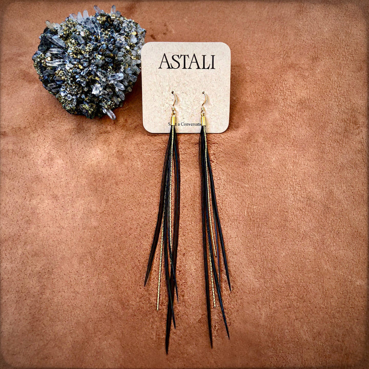 Earrings-Mini Feather-Black/Gold, Boho Western Earrings