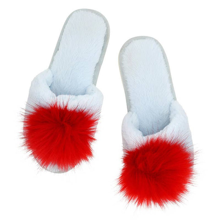 Plush Pom Pom Slippers - Light Blue + Red Pom Pom