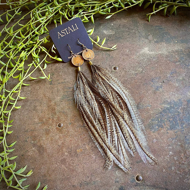 Earrings-Indian Cent & Long Feather-Coq de Leon, Western