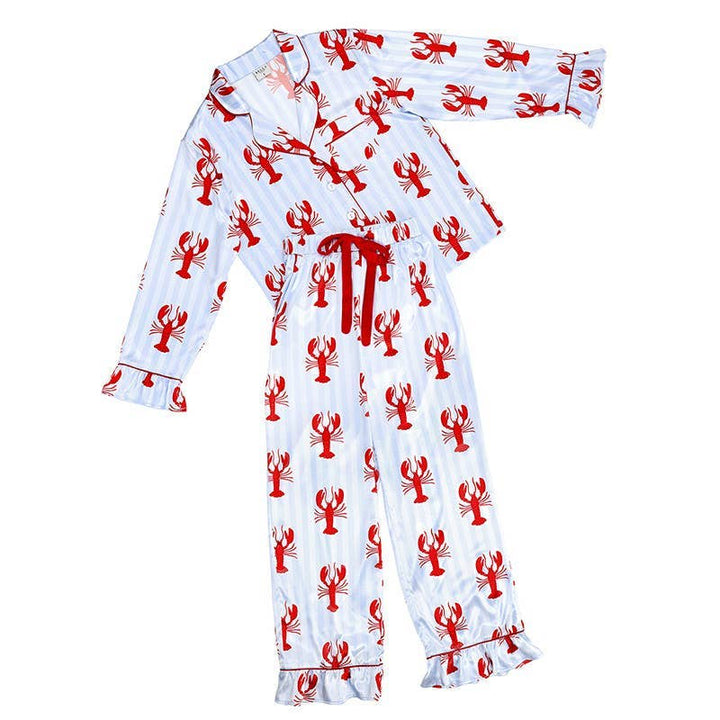 Long Set-Ruffled PJ Set with Velvet Tie - Blue Stripes + Lobsters