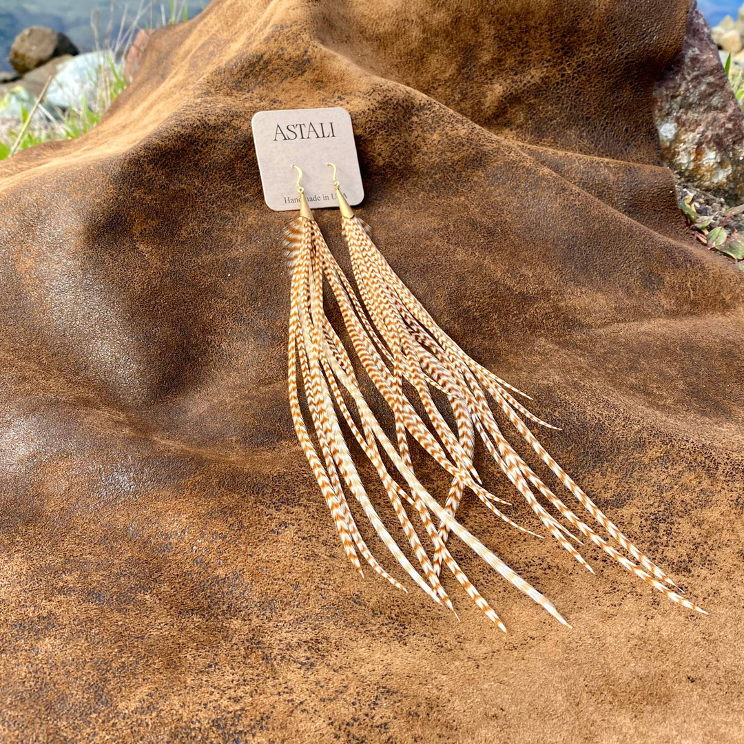 Earrings-Long Feather & Cone-Ginger Grizzly/Gold, Western