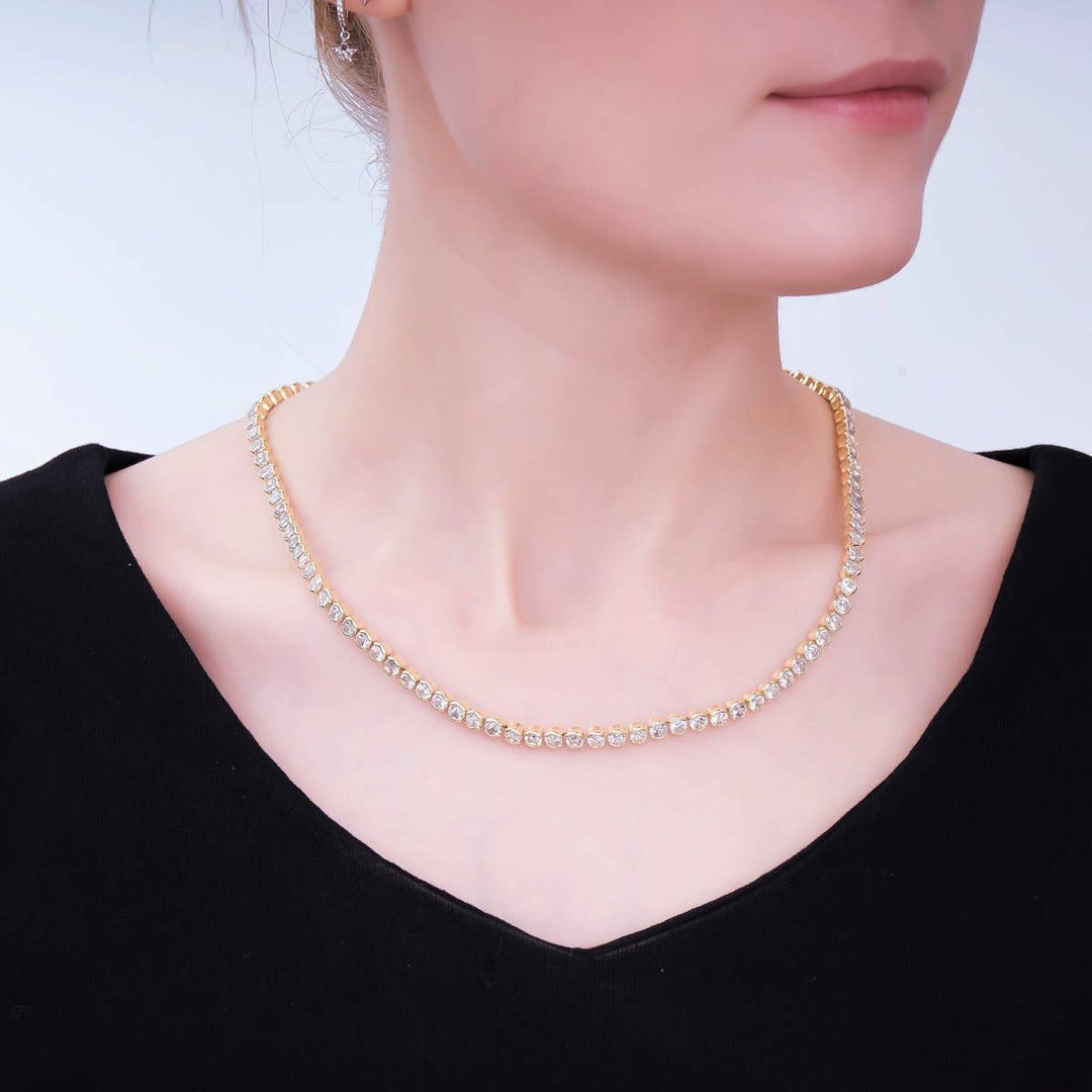 Necklace 16.5 inch-Clear Round Bezel Cubic Zirconia Tennis 24K Gold Filled CZ
