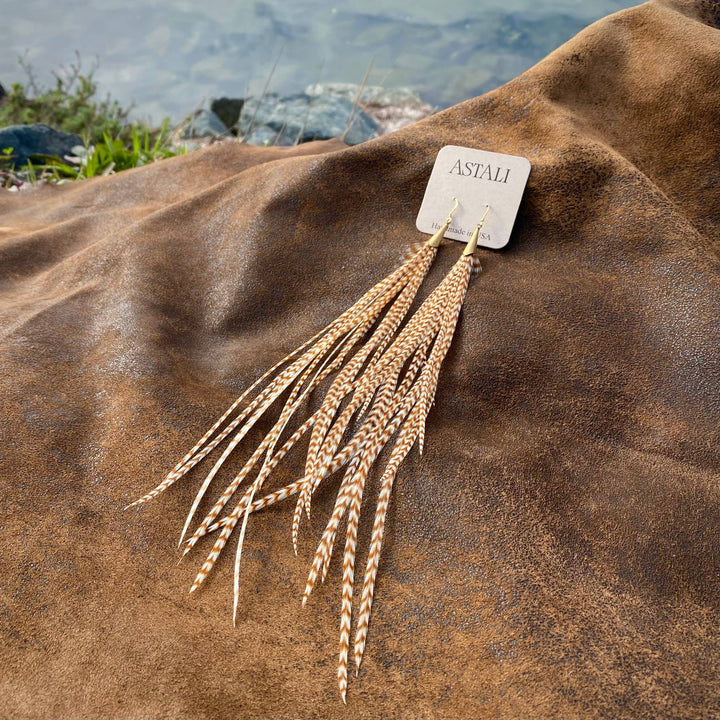 Earrings-Long Feather & Cone-Ginger Grizzly/Gold, Western