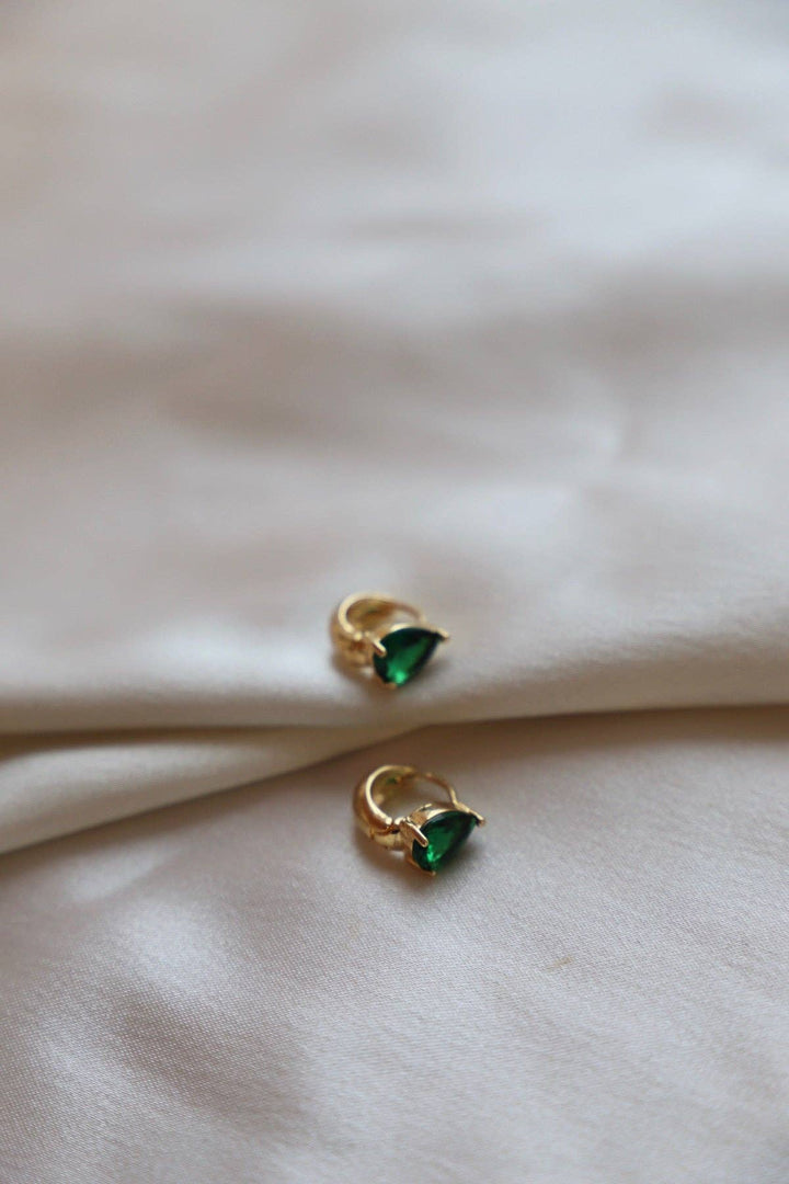 DISCONTINUED E1623EMG Gold Crystal Teardrop Huggies-Emerald