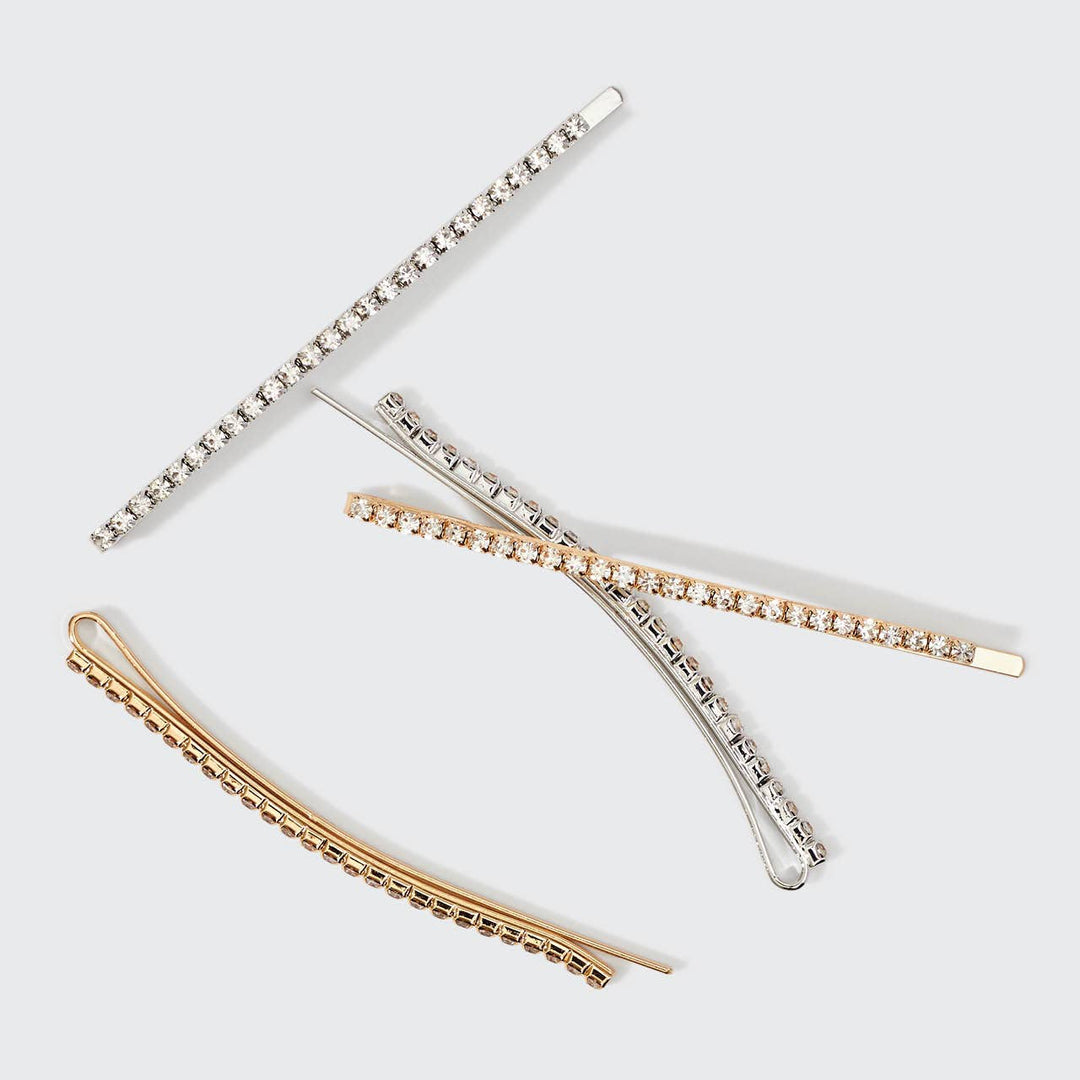 Bobby Pins 4pc Set-Metal Rhinestone Extra Long-Gold/Silver