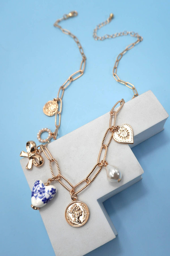 Necklace-Ceramic Porcelain Bow Heart Charm Link