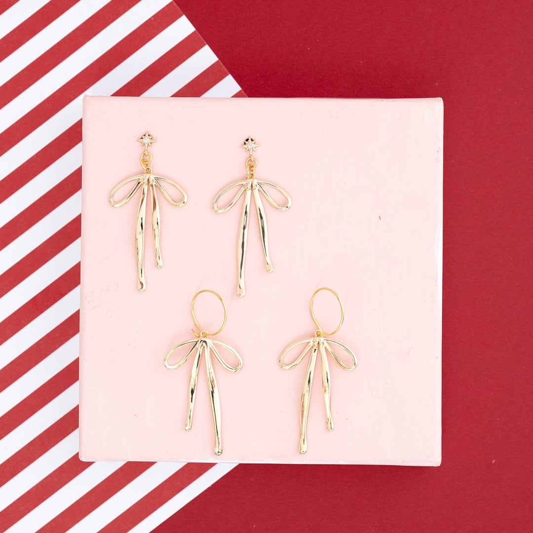 Earrings-Bow Ribbon Huggie Hoops Dangle Whimsical-Gold