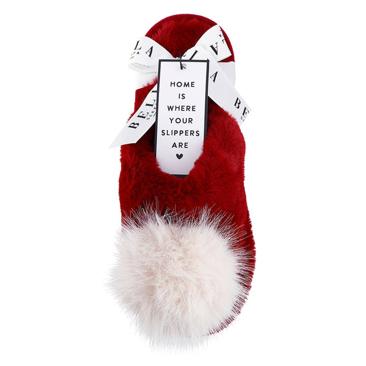 Plush Slippers - Burgundy + Beige Pom Pom