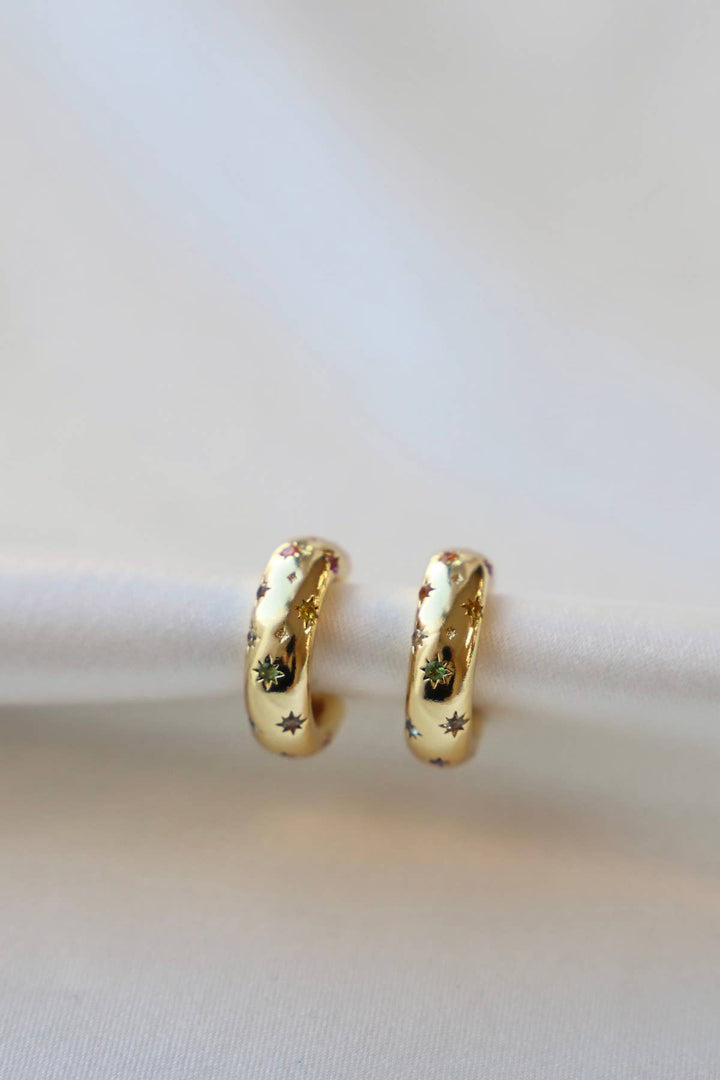 E1549G Gold Earrings-Penny CZ Star Hoop