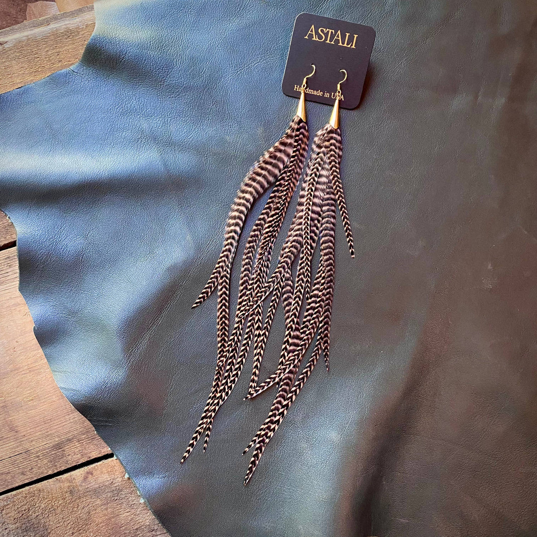 Earrings-FREEBIRDS COLLECTION: Cone Feather-Coral Grizzly