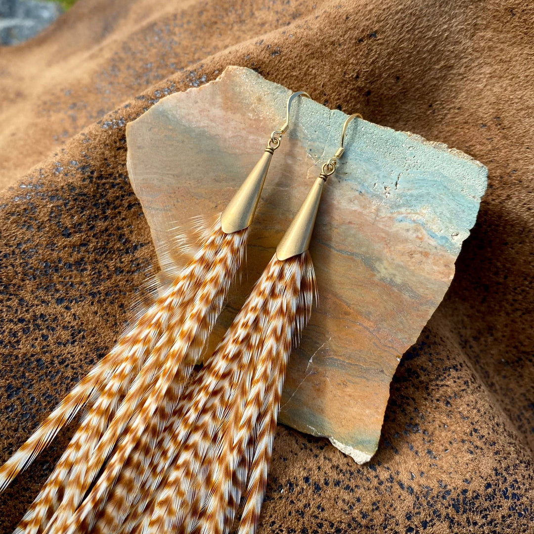 Earrings-Long Feather & Cone-Ginger Grizzly/Gold, Western
