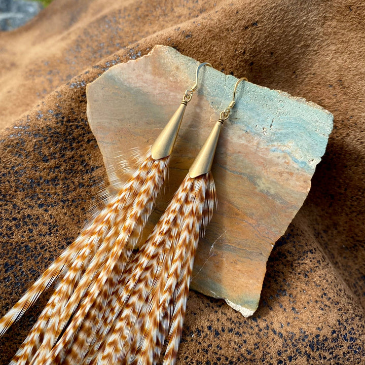 Earrings-Long Feather & Cone-Ginger Grizzly/Gold, Western