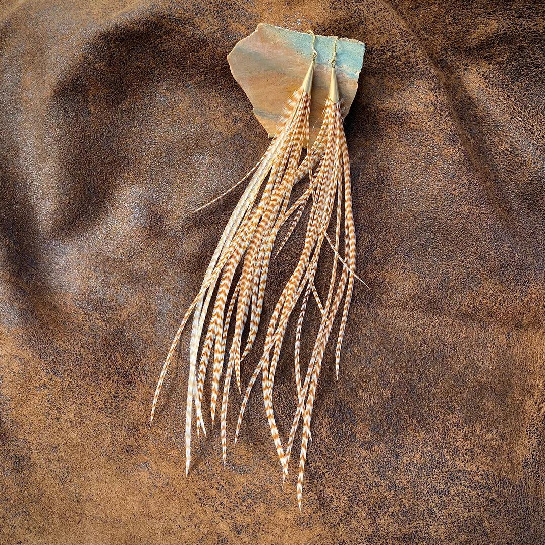 Earrings-Long Feather & Cone-Ginger Grizzly/Gold, Western