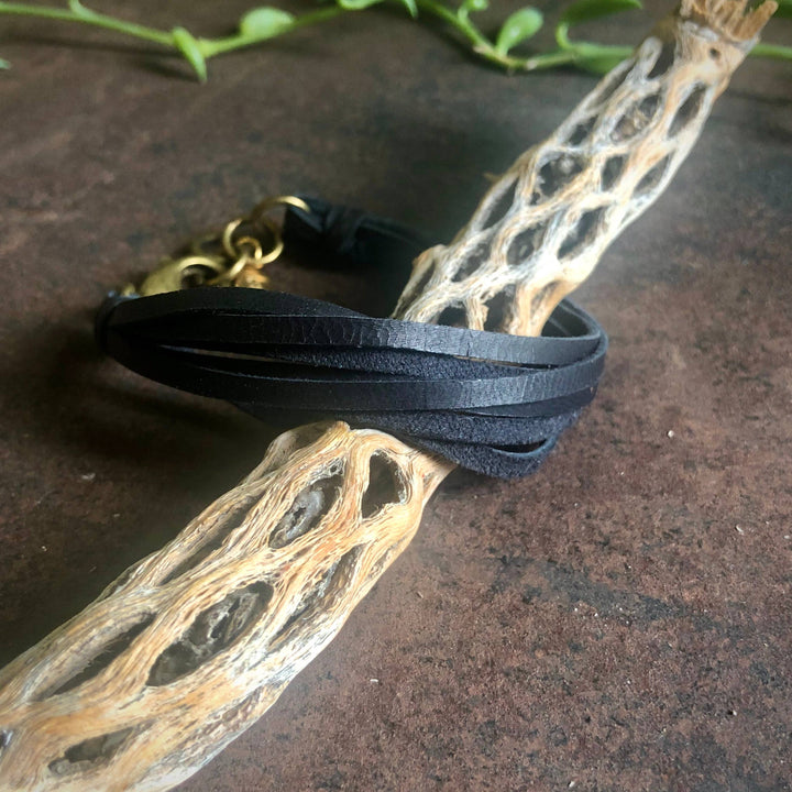 Leather 7-Strand Bracelet-Black & Brass, Boho Western