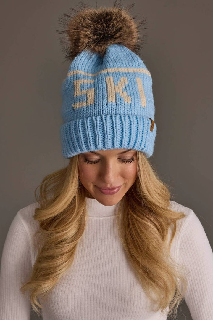 Pom Hat-Lt. Blue & Beige Ski