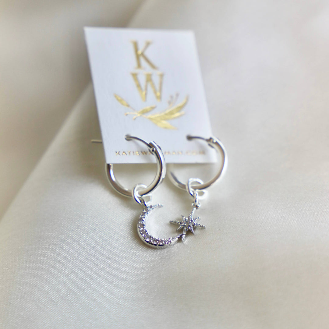 E1246S Silver Earrings-CELESTIAL STAR AND MOON HOOPS