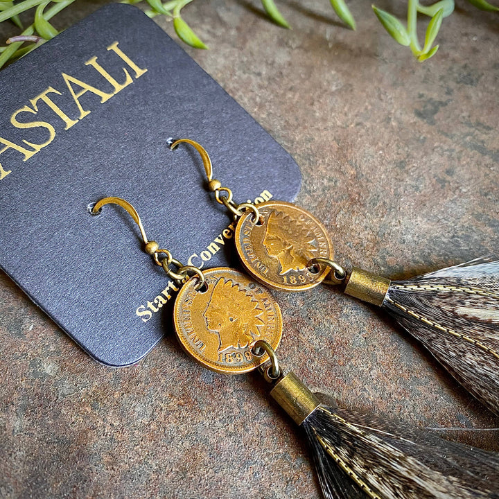 Earrings-Indian Cent & Long Feather-Coq de Leon, Western