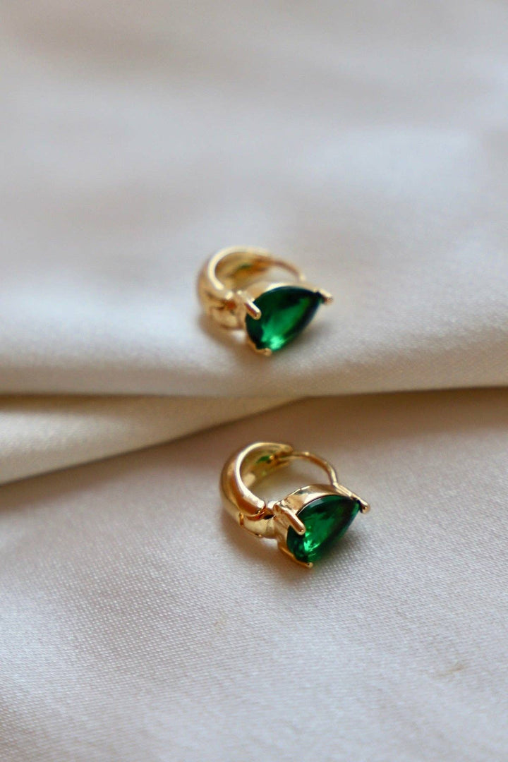 DISCONTINUED E1623EMG Gold Crystal Teardrop Huggies-Emerald