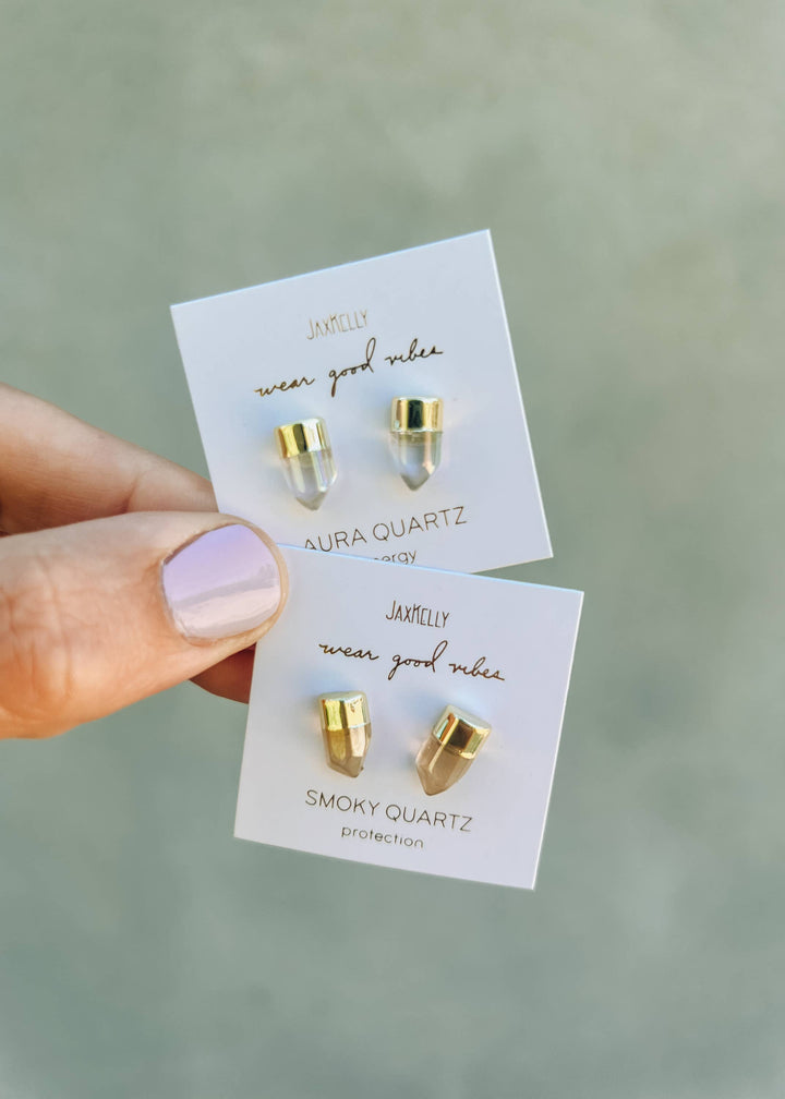 Earrings-Gold Dip Smoky Quartz Point