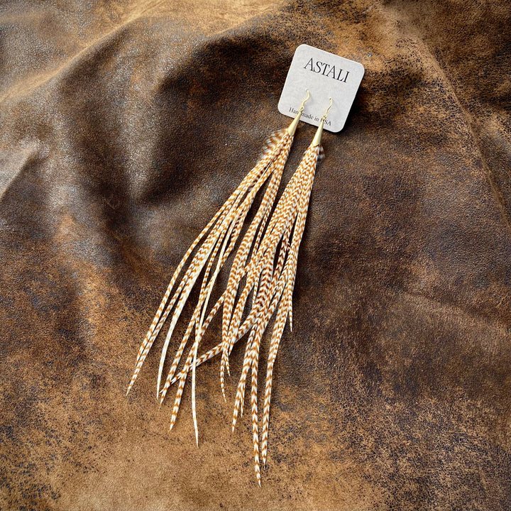 Earrings-Long Feather & Cone-Ginger Grizzly/Gold, Western