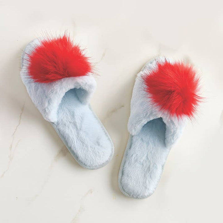 Plush Pom Pom Slippers - Light Blue + Red Pom Pom